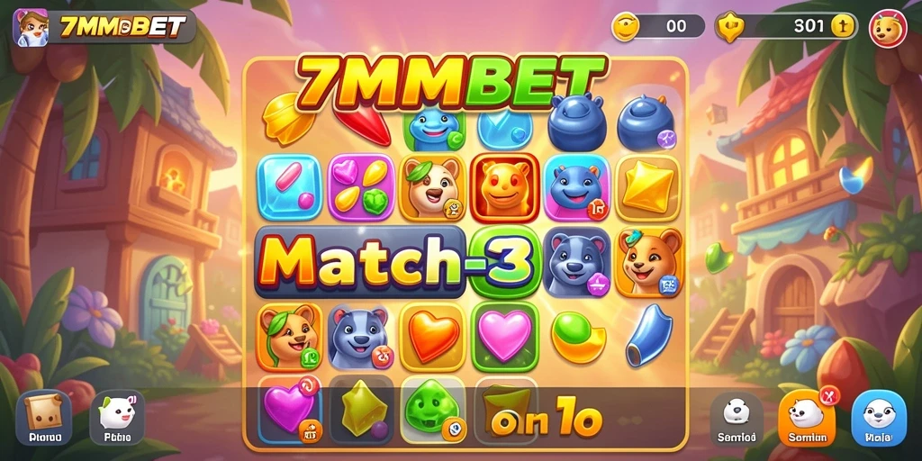 Tampilan seru dari gameplay <strong>7MMBET</strong> dengan elemen Match-3 yang menarik.
