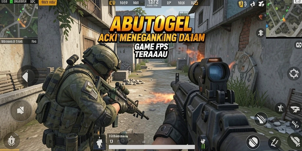 Tampilan gameplay menegangkan dalam ABUTOGEL dengan aksi FPS intens.