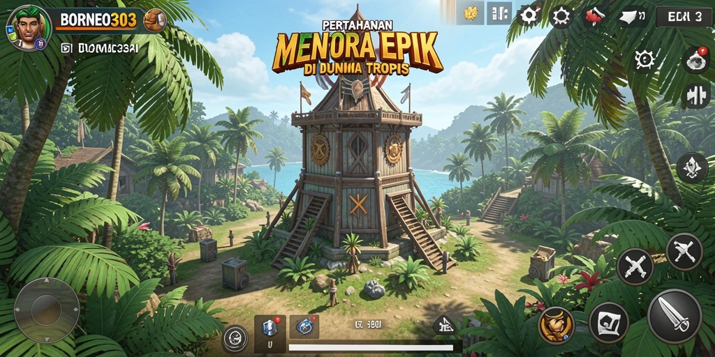 Tangkapan layar menampilkan aksi Tower Defense yang seru di BORNEO303.