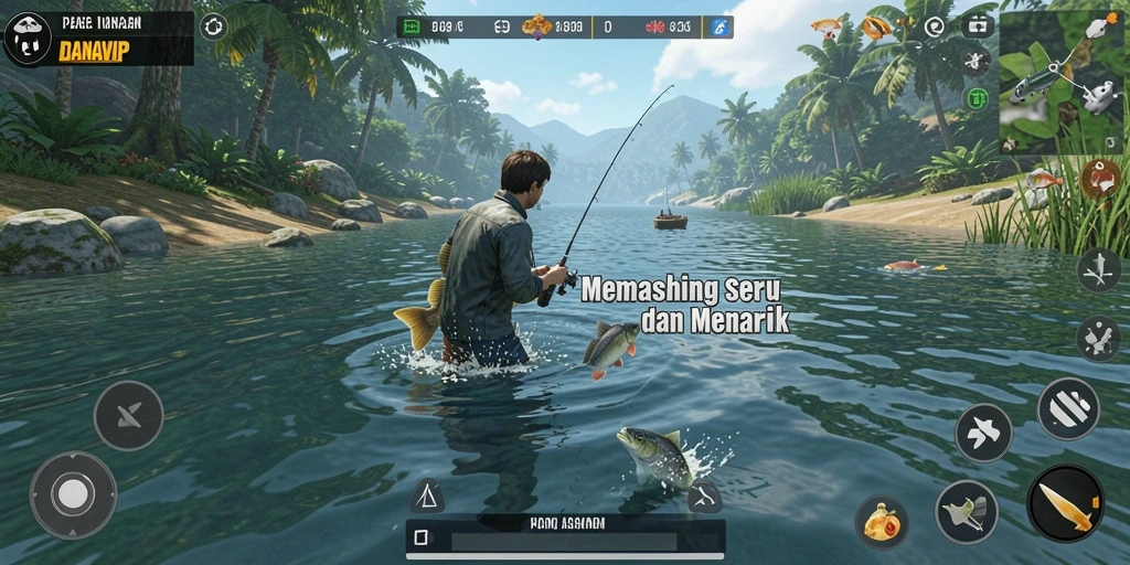 Screenshot gameplay DANAVIP yang menampilkan aktivitas memancing yang mendebarkan.