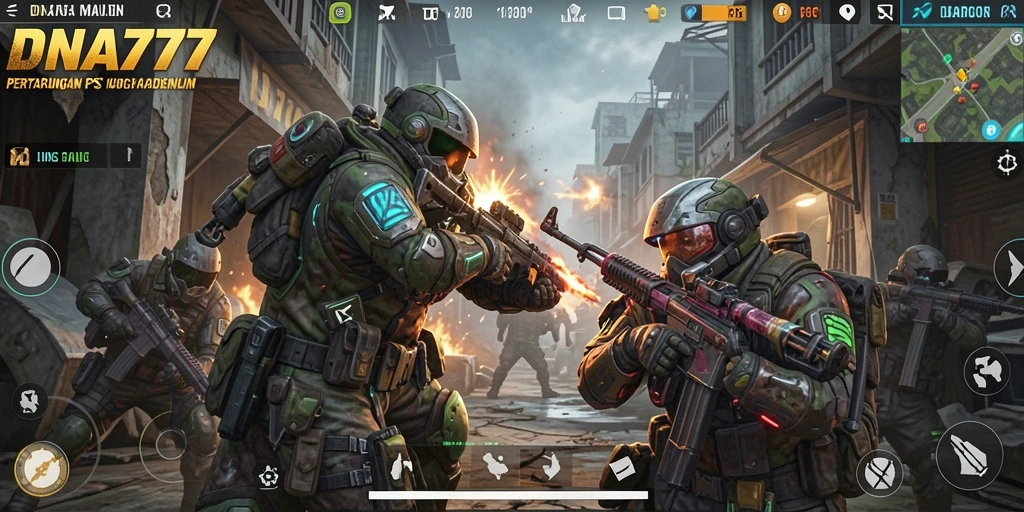 Screenshot utama DNA777 menunjukkan aksi tembak-menembak memukau dalam gameplay FPS.