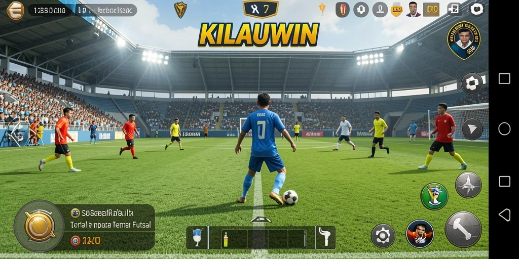 Tampilan gameplay sepak bola yang mendebarkan dan penuh aksi.