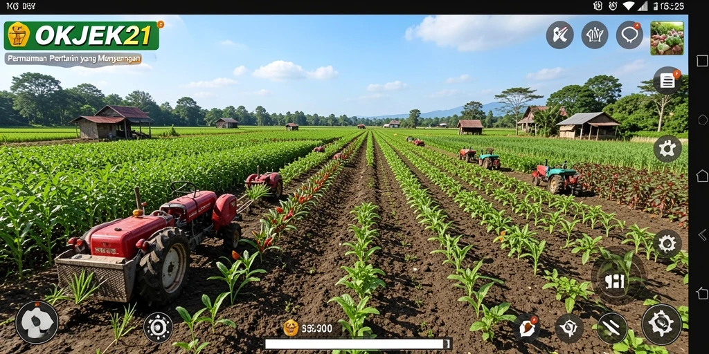 Tangkapan layar gameplay <strong>OKJEK21</strong> dengan tampilan lahan pertanian yang subur dan berwarna-warni.