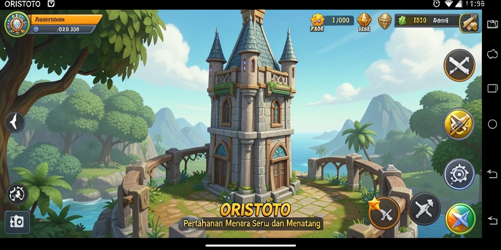 Screenshot gameplay <strong>ORISTOTO</strong> yang menunjukkan aksi menara bertahan melawan serangan musuh.